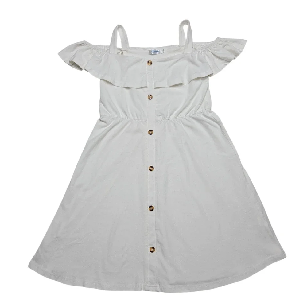 Greatchy Dress Girls L 10-12 White Cold Shoulder Ruffle Button Front Cottagecore